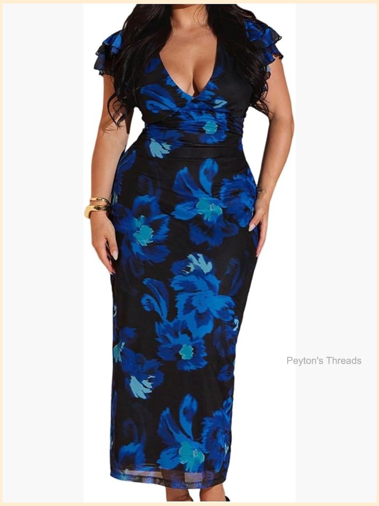 Plus Size Floral Maxi Dress Deep V Ruffle Short Sleeve Bodycon Mesh